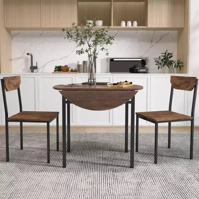 Whisen 3-Piece Round Dining Set with Drop Leaf & 2 Chairs - Black & Brown
