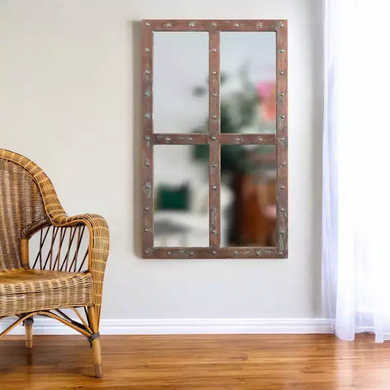 HomeRoots 60 Wood Brown Rustic Solid Wood Window Pane Framed Accent Mirror