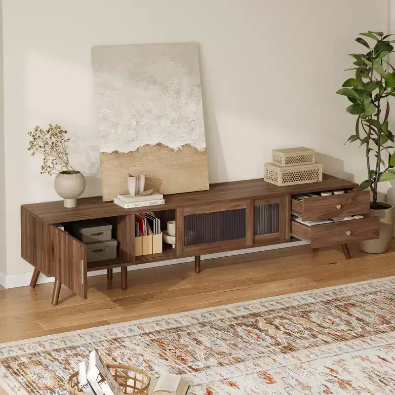 ModernLuxe TV Stand for TVs up to 85, Entertainment Center with Storage Cabinets & Glass-Doors, Media Console, Natural