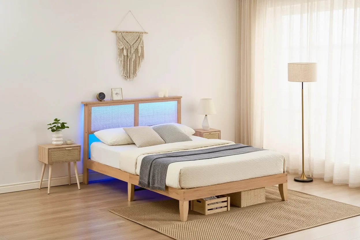 12.4 Inch Deluxe Solid Wood Full Bed Frame with Natural Rattan Headboard, LED Lights, Noise-free, Mattress Foundation, No Box Spring Needed