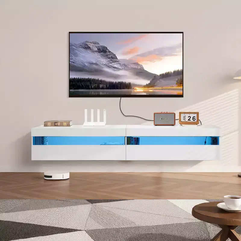 VEVOR Floating TV Stand, 71 in Wall Mount Entertainment Center with Power Outlet & LED Lights, Modern Floating TV Shelf with 2 Drawers, White