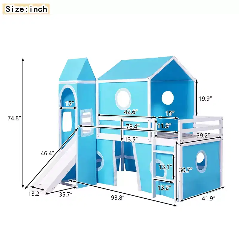 Plyhouse Twin Loft Bed with Slide, Castle Wooden Bedframe with Tent and Tower for Kids Boys Girls Teens, Blue