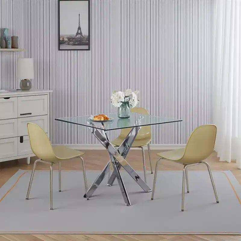 Square Tempered Glass Dining Table with Gold Cross Metal Legs, Space-Saving, 90x90x75cm