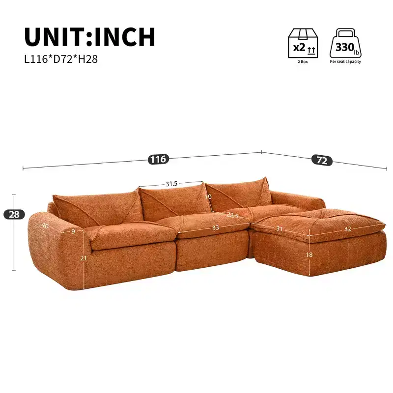 Whisen 116 Modular 4-Seat Sofa Bed, Spacious Foam Filled, Elderly/Baby Safe, No Assembly, Free Combination