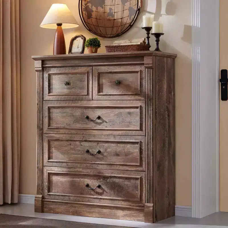 46 Farmhouse Dresser with 5 Drawers, Rustic Wood Closet Storage with Roman Column for Bedroom