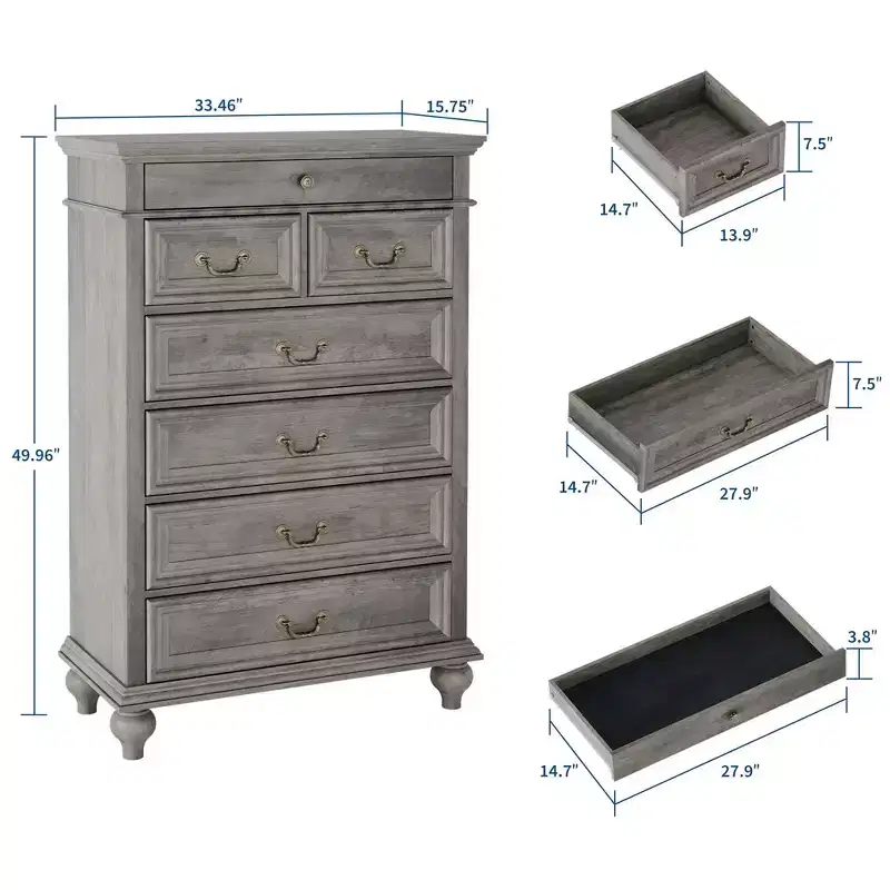Farmhouse 7 Drawer Dresser for Bedroom, 50Tall Wood Dresser with Natural Texture,Large Drawers in 3 Different Sizes,Rustic Farmhouse Chest of Drawers
