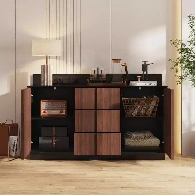 Multifunctional Storage Cabinet Buffet with Sliding Outlets, Black Gloss and Wood Finish