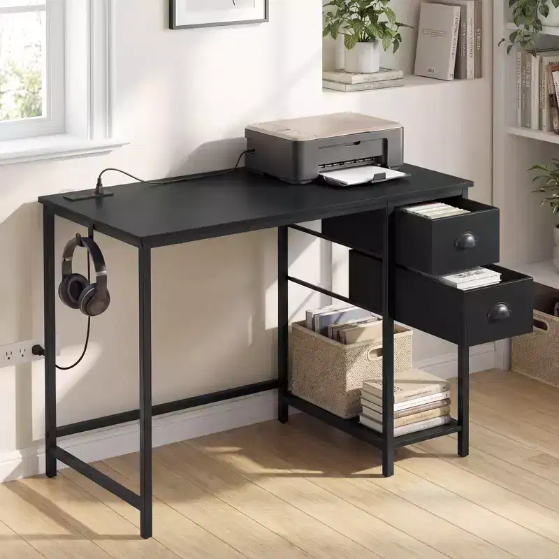 Computer Desk with Charging Station, 2 Fabric Drawers, Storage Shelf & Headphone Hook - Rustic Brown & Black