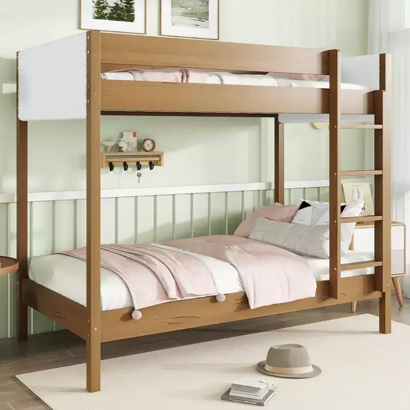 Modern Rubberwood Twin Over Twin Bunk Bed with Boucle Upholstered Headboard & Footboard