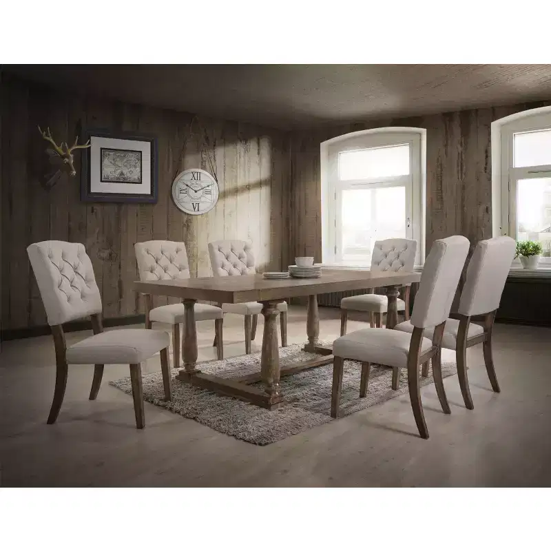 Simple Relax Set of 2 Linen Upholstered Side Chairs in Cream and Weathered Oak