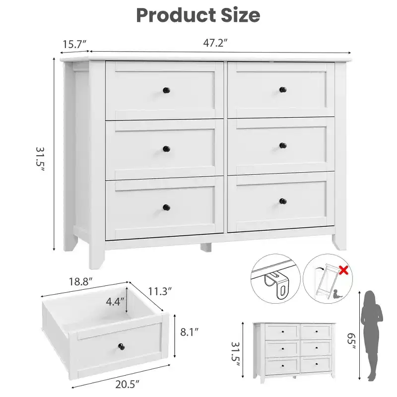 White 6-Drawer Dresser - Large Modern Wooden Chest with Deep Drawers & Metal Knobs for Bedroom or Entryway