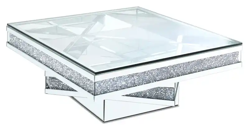 39 Glam Mirror & Glass Top Coffee Table - Silver Metal with Diamond Look Legs