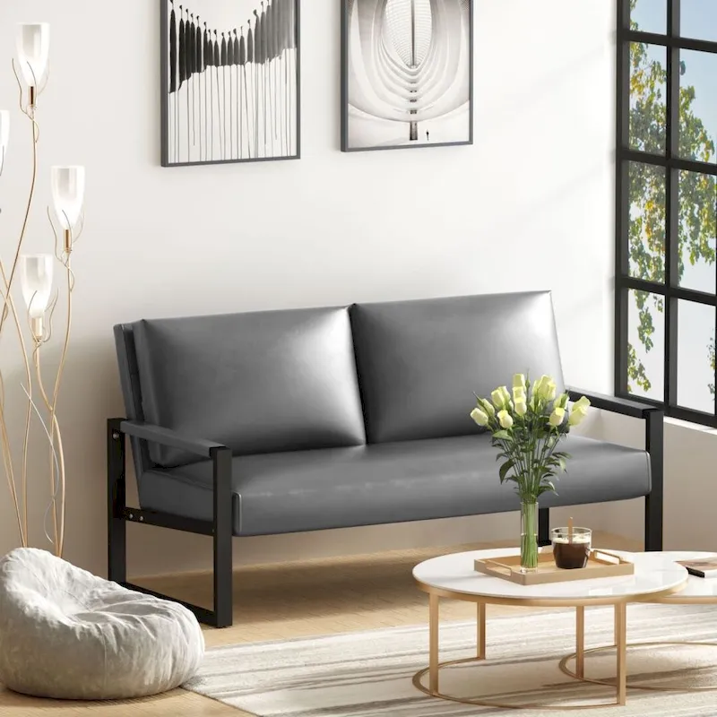 Mieres Mid-Century Style Faux Leather Loveseat Sofa with Steel Frame