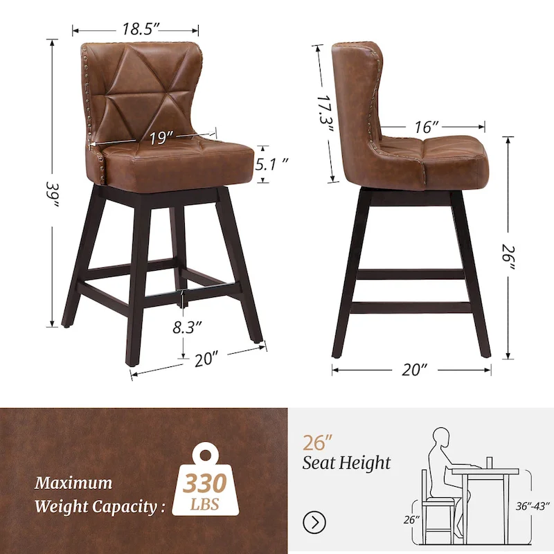 LUE BONA 26 in. Mid-Century Modern Wood Frame Swivel Bar Stools with Faux Leather and Linen Upholstered SeatSet of 4
