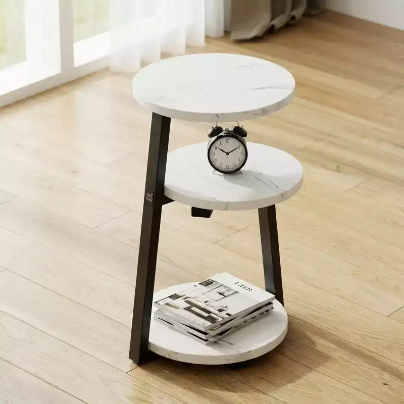 3-Tier Round Side Table with Storage, Modern White & Black End Table, Small Nightstand with Metal Frame for Bedroom Living Room Small Spaces