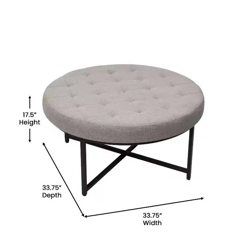 34 Round Cotton Linen Tufted Ottoman with Metal Frame
