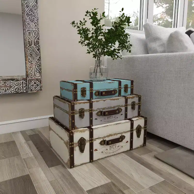 Set of 3 Farmhouse Distressed Wood Rectangular Trunks Natural - Olivia & May: Polyurethane Finish, No Assembly Required