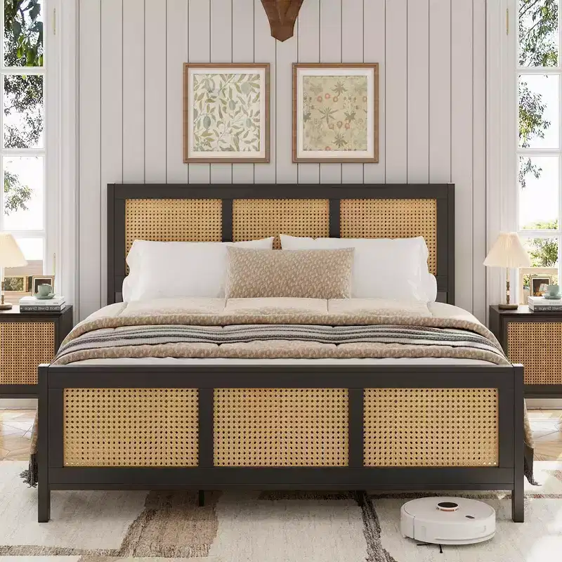 Queen Size Bohemian Rattan Platform Bed Frame with Headboard, Strong Metal Slats, No Box Spring Needed, Noise-Free, Black