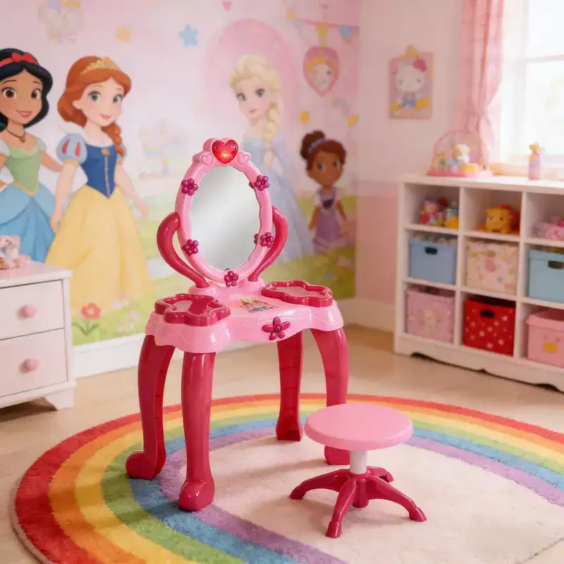 JVNOXK 17 inch Children's Dressing Table, includes a matching stool and 15 toy accessories, featuring an interactive light-up mirror and hairdryer
