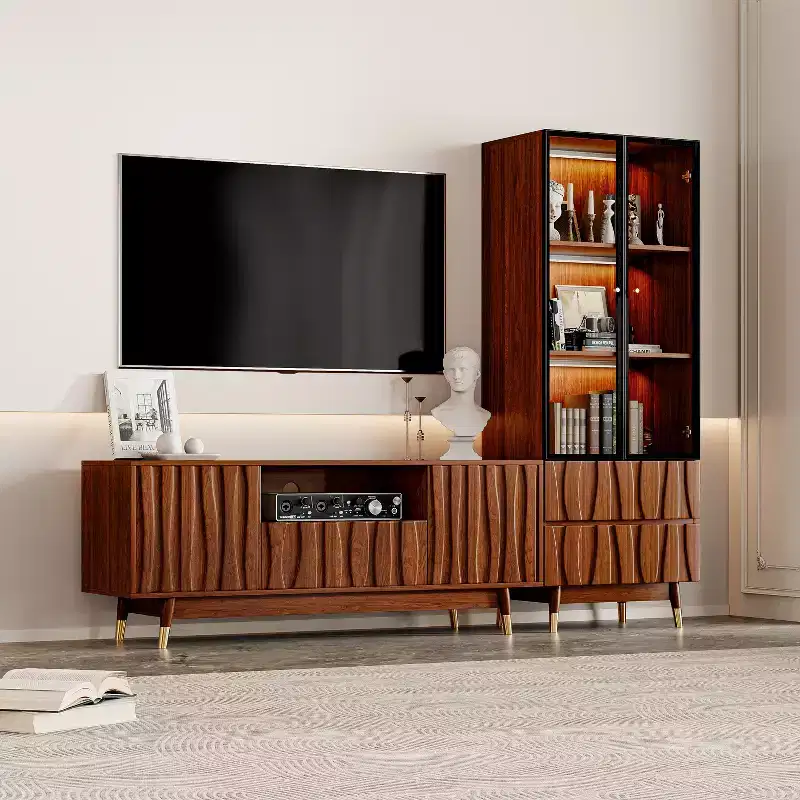 Walnut Mid-Century Modern TV Stand and 3-Tier Glass Display Cabinet with Drawers