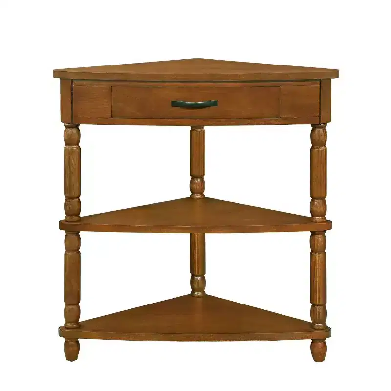 Small Triangle Corner Table with 3 Tiers and Solid Wood Legs, Brown, for Small Spaces