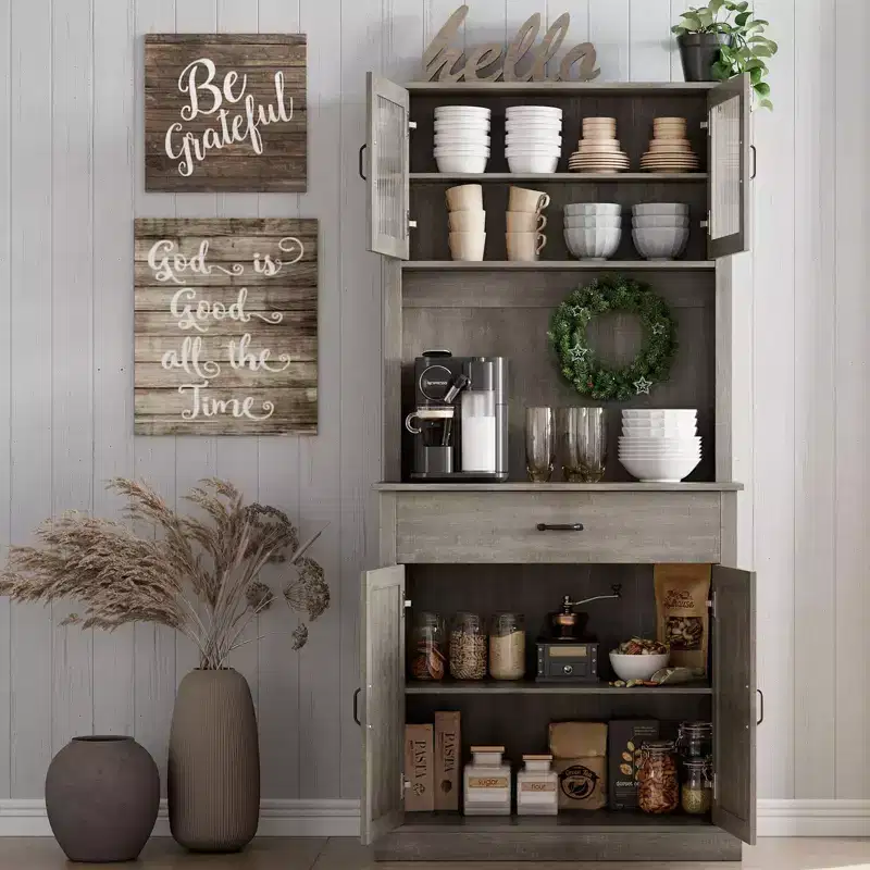 70.9 Tall Kitchen Pantry Cabinet, Wood Cupboard Storage Cabinet with Microwave Stand, Freestanding Hutch Cabinet, Coffee Bar Cabinet