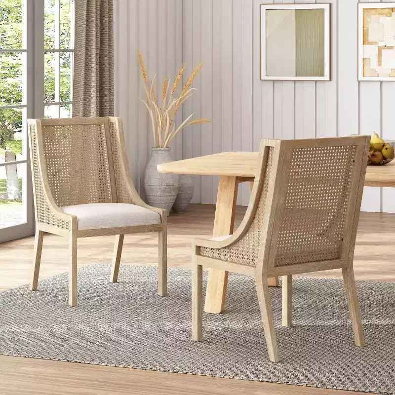 Set of 2 Cane & Wood Upholstered Dining Chairs, Rubberwood Frame, Beige/Natural, 300 lb