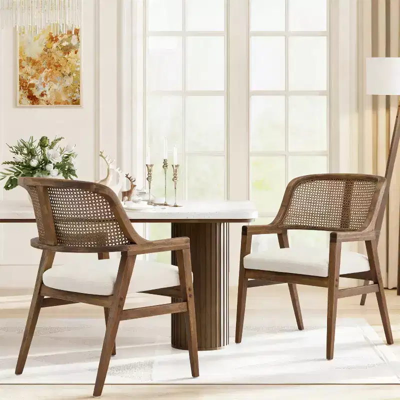 Christopher Knight Home Charlotte Mid-Century Modern Upholstered Dining Chairs with Natural Rattan Cane Back (Set of 2)