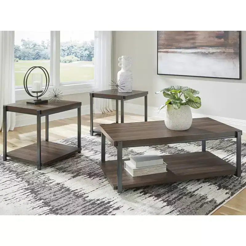 Signature Design by Ashley Trindwick 3-Piece Coffee Table Set with End Tables - Brown/Gun Metal Finish