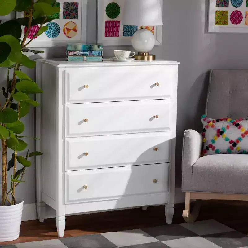 Baxton Studio 4 Drawer Naomi Wood Bedroom Chest White/Gold: Elegant Storage Solution with Anti-Tip Hardware