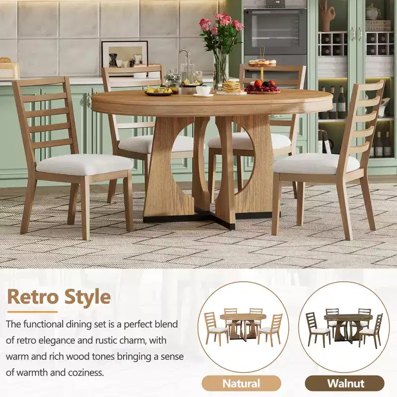 Whisen 5-Piece Retro Rustic Functional Dining Set with 1 Extendable Table and 4 Upholstered Chairs
