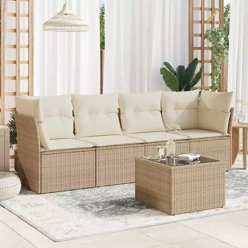 vidaXL Garden Sofa Set Beige PE Rattan, Powder-Coated Steel, Tempered Glass