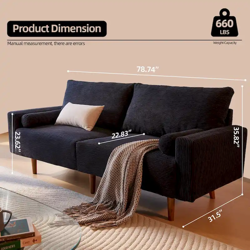 Mid-Century Modern Upholstered Sofa Couch with Rolled Pillows
