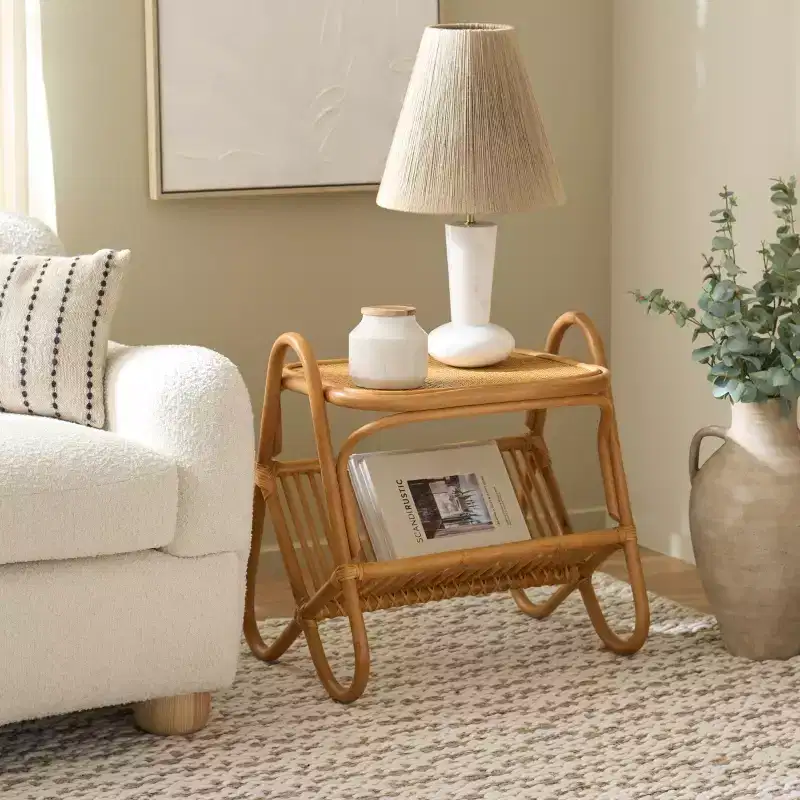 Rattan Pole Magazine Holder Accent Table, Natural