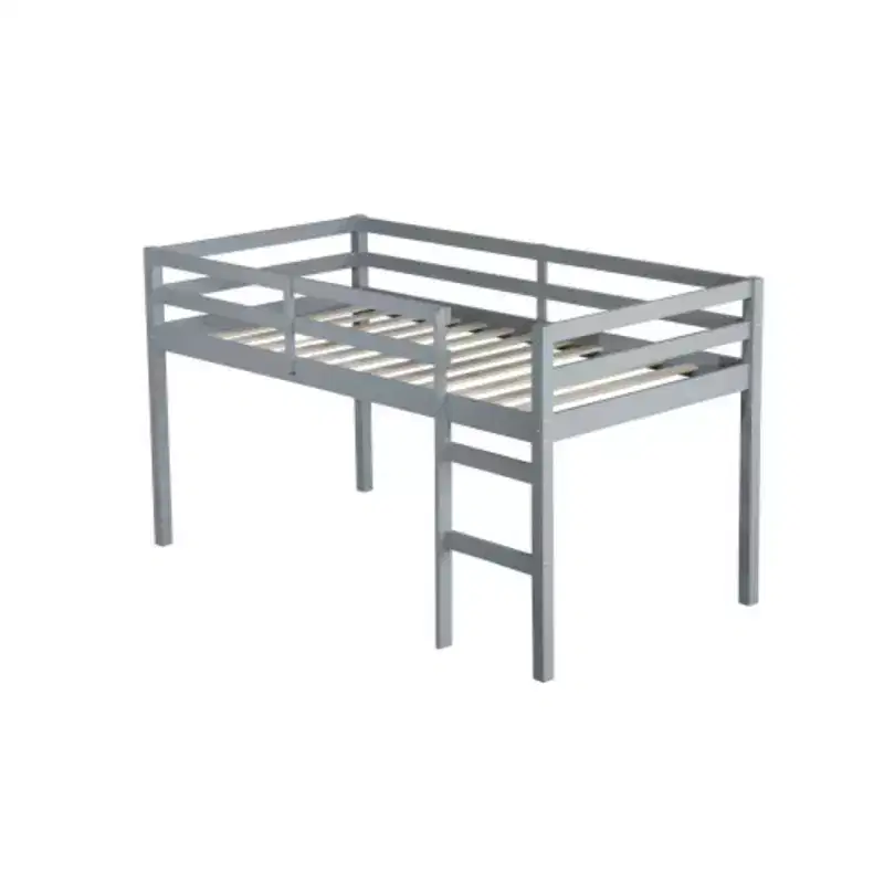 Twin High Loft Bed with Integrated Desk & Safety Guardrail, Solid Rubberwood, Grey