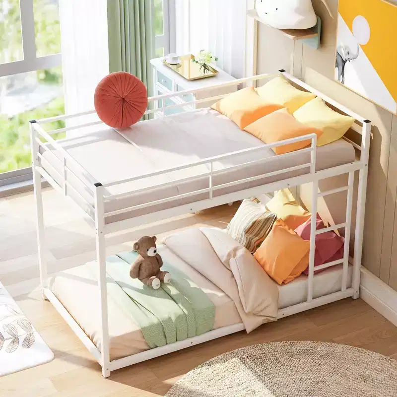 Okak 77.1IN Twin-Over-Twin Size Metal Floor Bunk Bed, Twin Bed with Ladder and Safety Guardrail, Kids Bunk Beds for Bedroom, Dormitory, White
