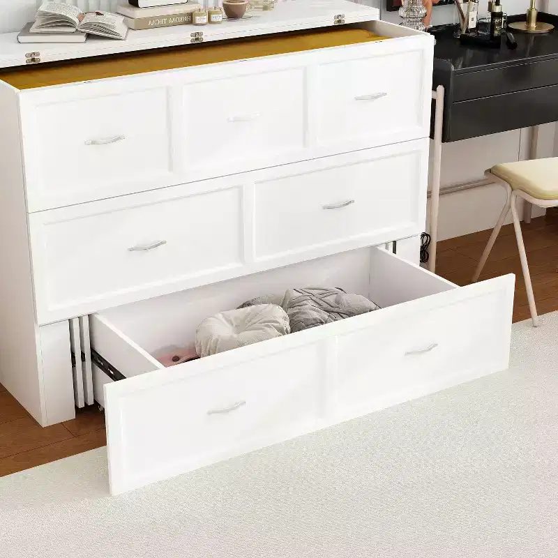 White Pull-Out Murphy Bed with Drawer & Charging Station – Full/Queen, 1–2 Person
