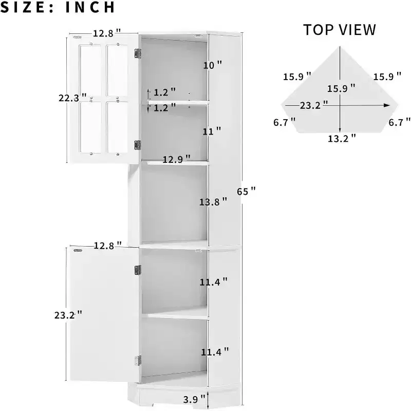 MDF Bathroom Corner Cabinet with Glass Doors, Open & Closed Storage, Adjustable Shelves, Anti-Tip Design, Space-Saving Right Angle, White