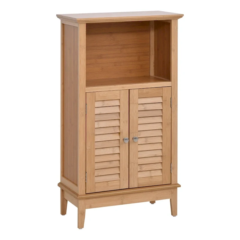 Brown Bamboo Floor Storage Cabinet with Open Shelf and 2 Doors, 1-Person Assembly