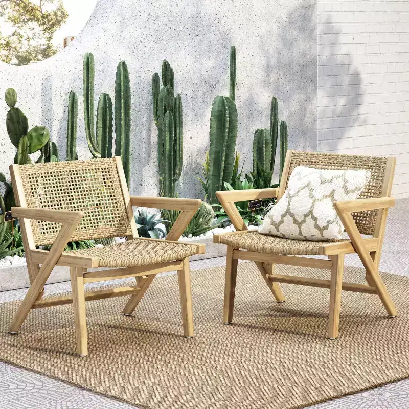 Okak 16 Rustic Patio Accent Chairs Premium Acacia Armchair with Woven Wicker Finish Seat&Back,Set of 2,Patio Furniture Seating,Natural
