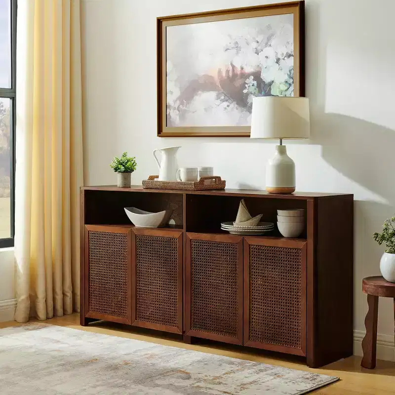 JVNOXK 63-inch Mid-Century Modern Rattan Sideboard with Storage, Vintage Wine Cabinet, Suitable for Living Room or Kitchen, Walnut