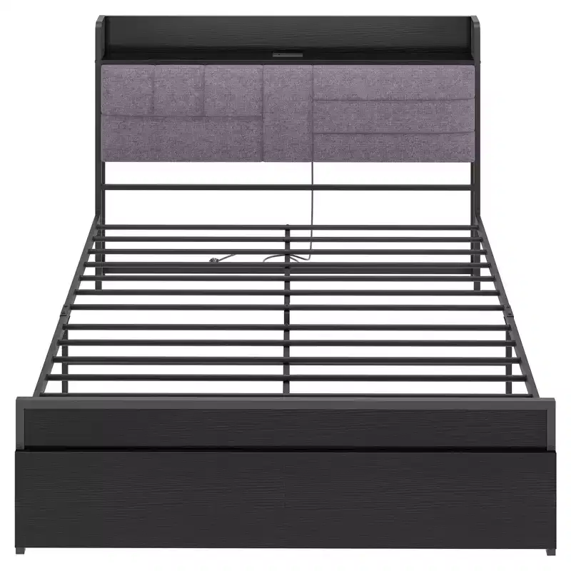 Grey Upholstered Platform Bed Frame with Storage Drawers & Charging Station