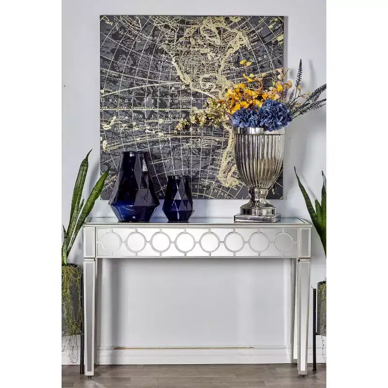 Glam Mirror and Wood Patterned Console Table Silver Elegant Entryway Furniture, Narrow Design