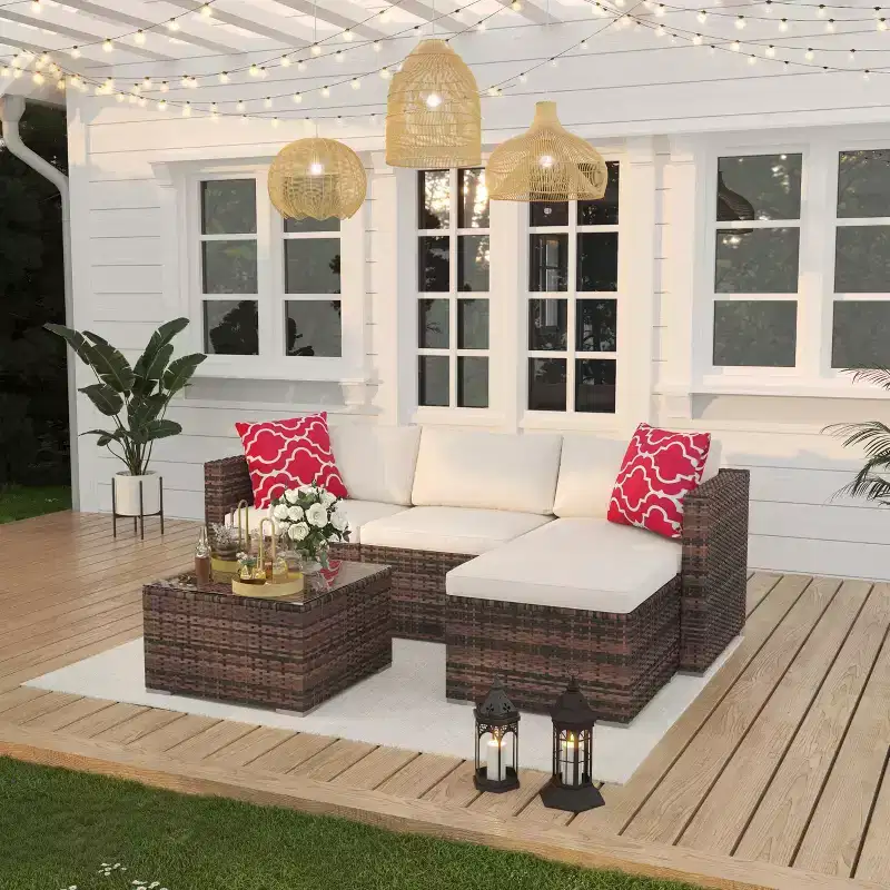 5-Piece Patio Furniture Set, All-Weather Patio Set - PE Wicker Sectional with Tempered Glass Table, Modular Outdoor Furniture for Pool Decks, Brown