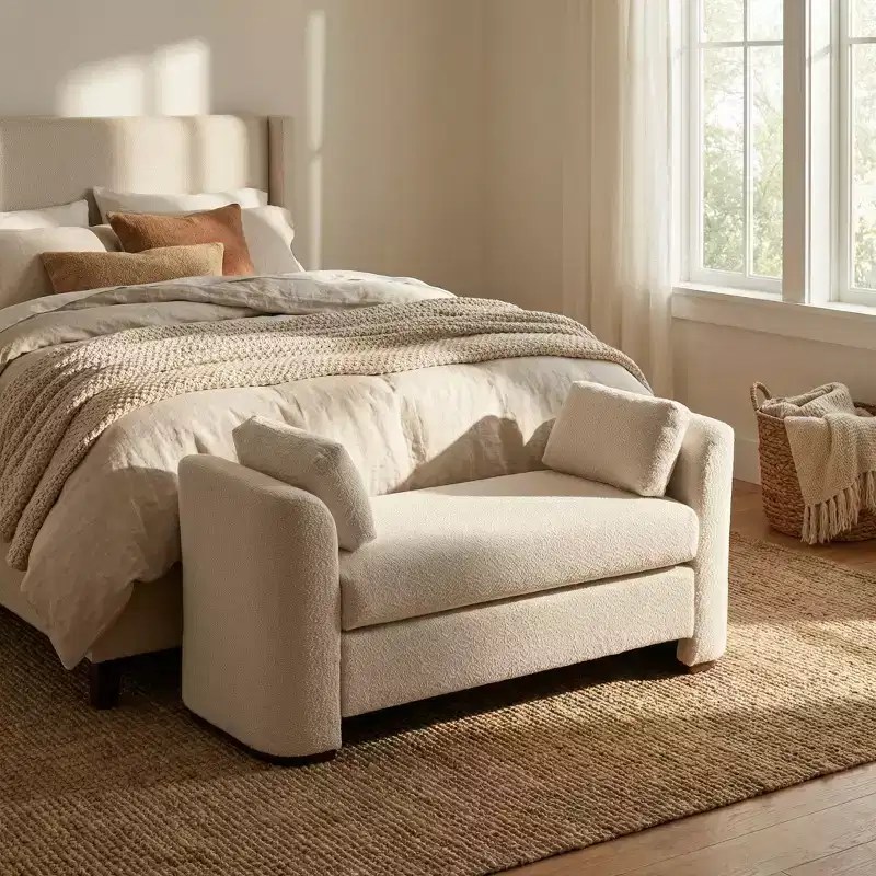 GDFStudio Jase Contemporary Rubberwood Boucl Upholstered Bench with Pillows