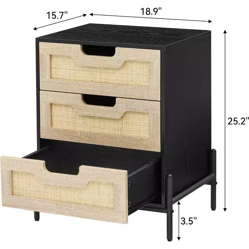 Rattan Nightstand C Boho Accent Table with Rattan Drawers & Metal Legs