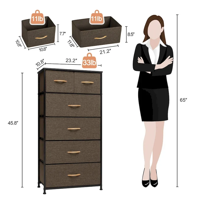 23 Brown Steel and Fabric Six Drawer Combo Dresser