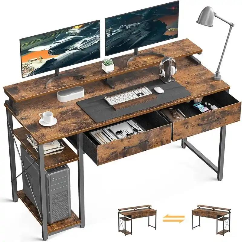 Wood & Metal Computer Desk with Drawers 48