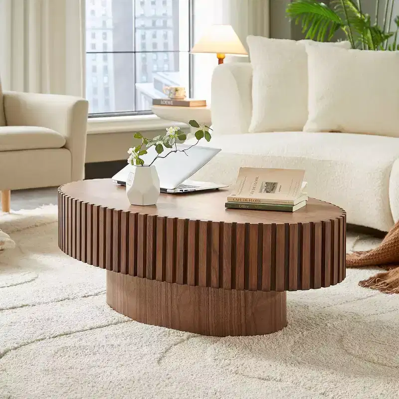 JVNOXK Modern Handcraft Drum Coffee Table Length 43.7 inch Ellipse Coffee Table for Living Room,Oval Small Coffee Table with Sturdy Pedestal