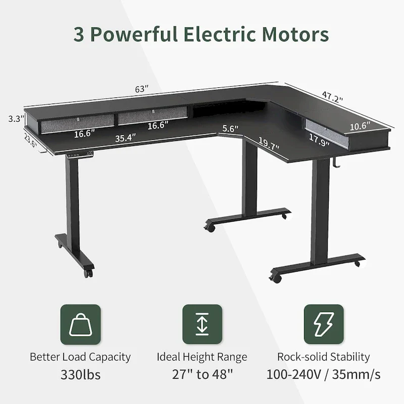 L-Shaped Electric Standing Desk with 3 Drawers & Lockable Casters, 63